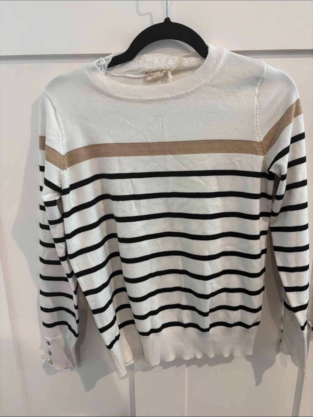 Hem & Thread White Crewneck Sweater with Black Stripes and Gold Accent